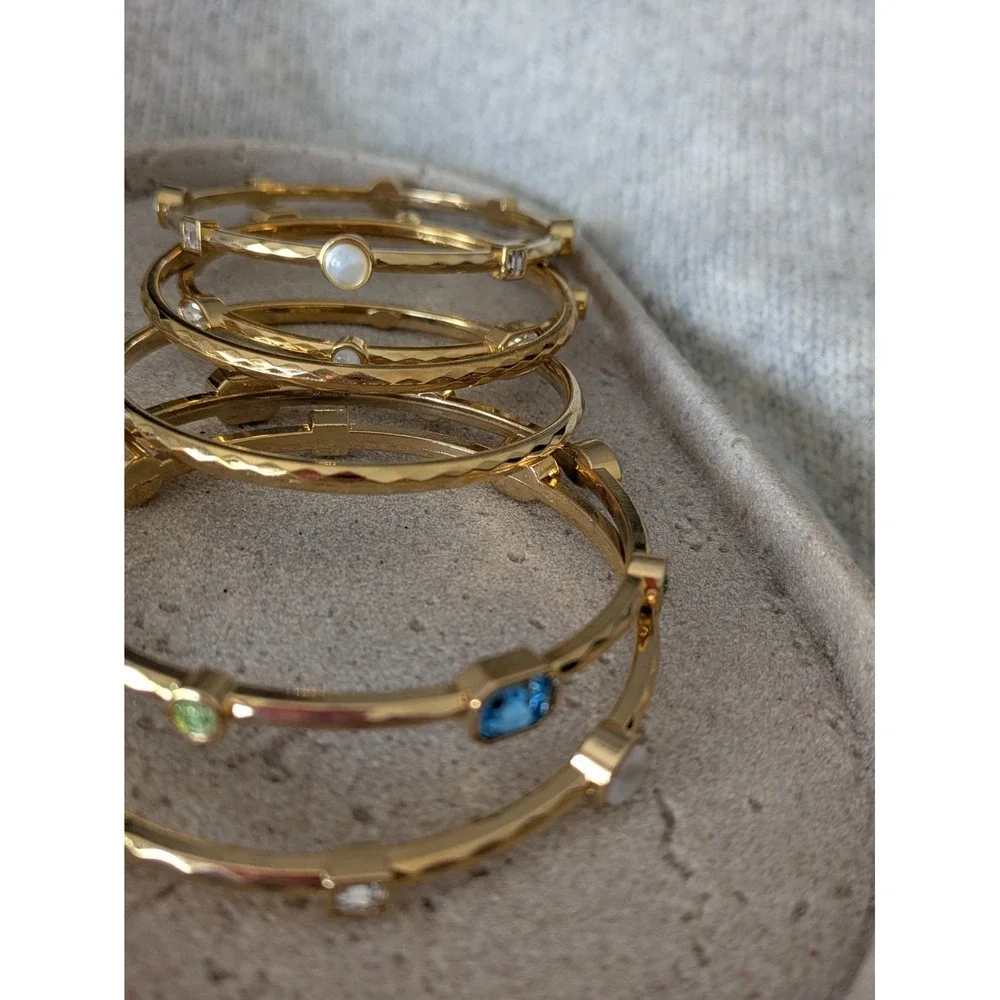 Bangle Bracelet Set Of 6 In Gold Tone With Bezeled Rhinestones Heavyweight